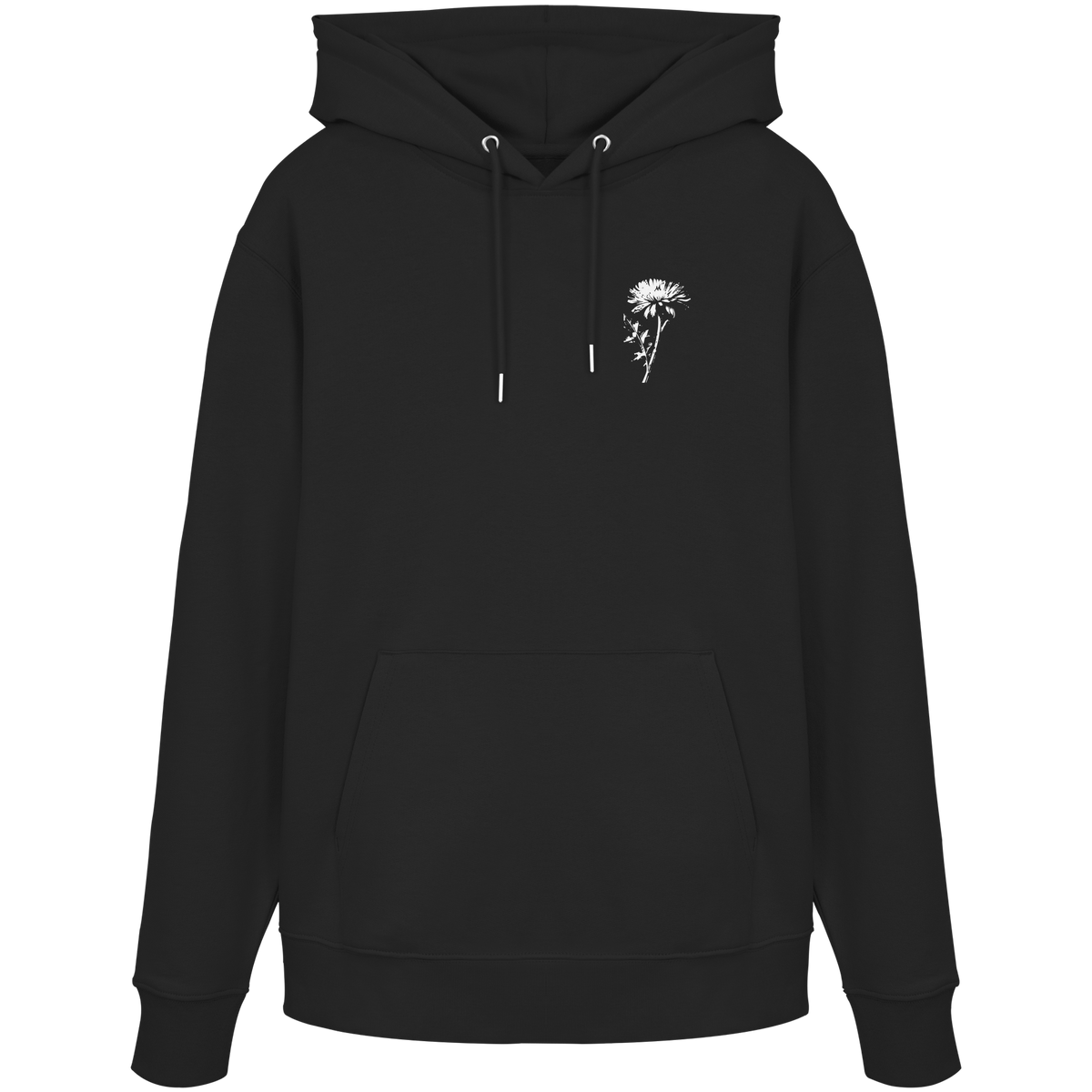 Hoodie Vorderseite – weiße Blume, Brust links, 55 mm – Shirtigo-Produktvorschau