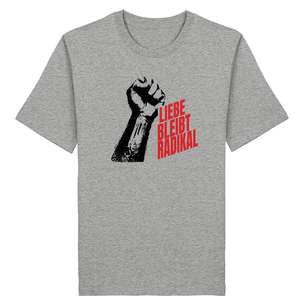 Liebe bleibt radikal – T-Shirt – Grau meliert, digitale Shirtigo-Produktvorschau