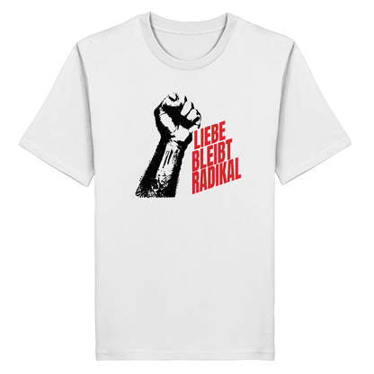 Liebe bleibt radikal – T-Shirt in Weiß, Vorderansicht mit Motiv – Digitale Produktvorschau