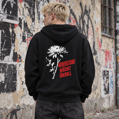 KI-Lifestyle-Mockup: Widerstand wächst überall – Hoodie an einer Person im Freien – fotorealistische Visualisierung