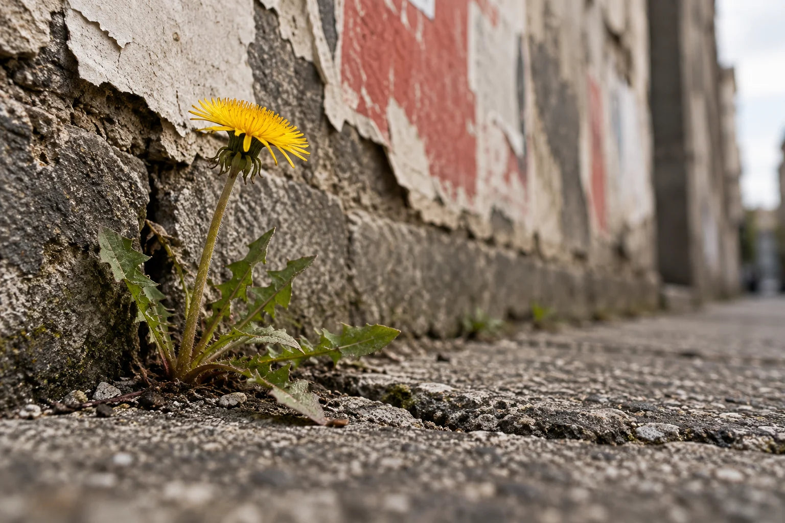 KI-Visualisierung: eine kleine Blume wächst durch einen Riss im Beton